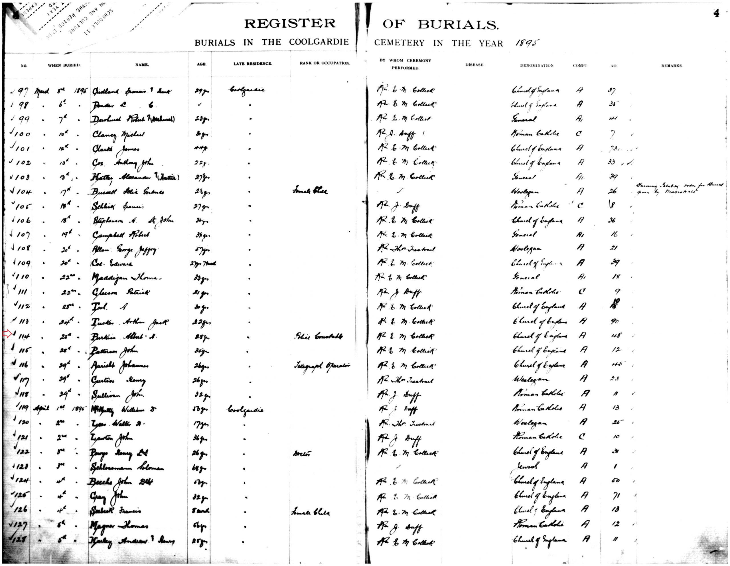 Coolgardie Burial Register Albert Purkiss