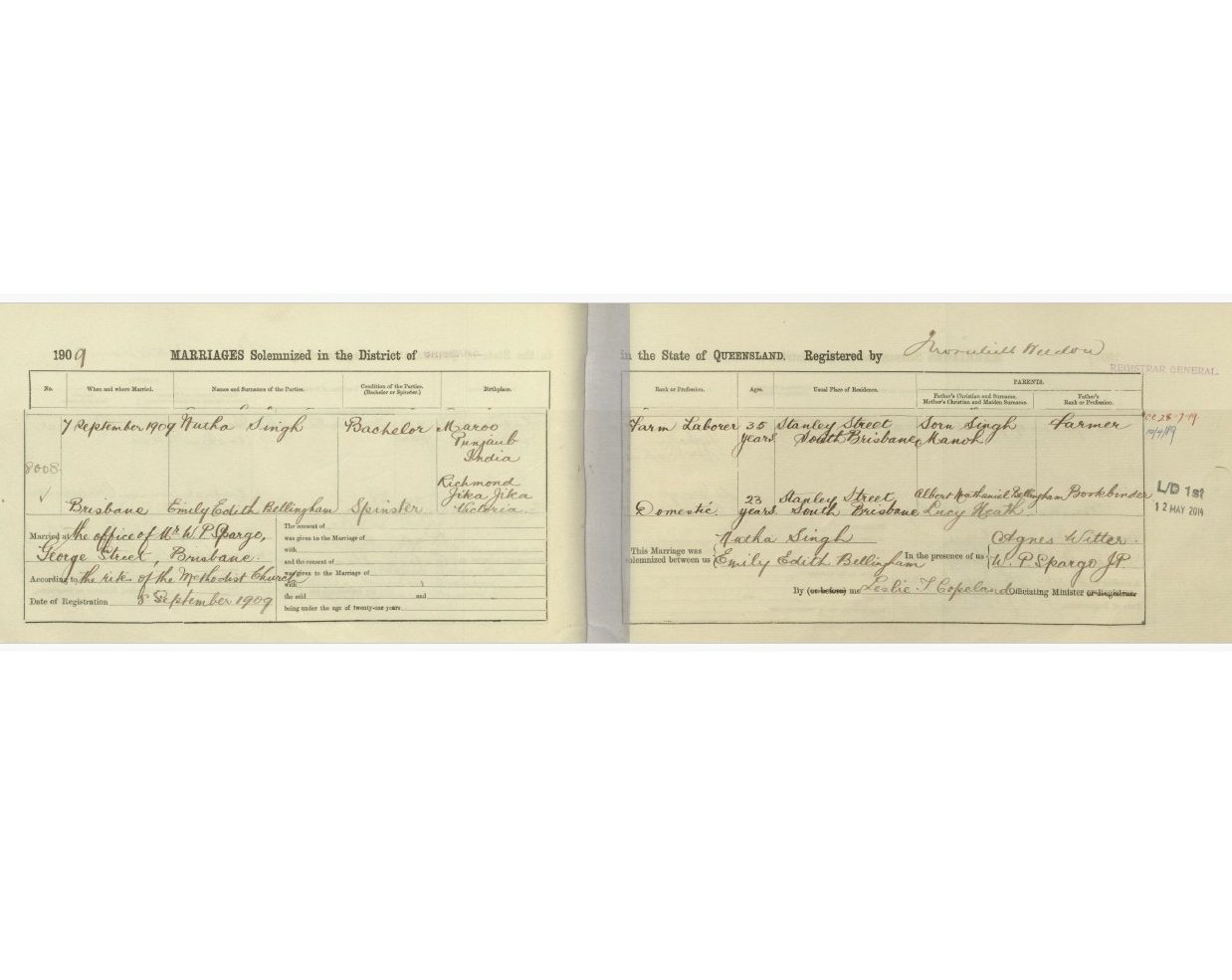 Marriage certificate of Nutha (sic) SINGH and Emily Edith BELLINGHAM