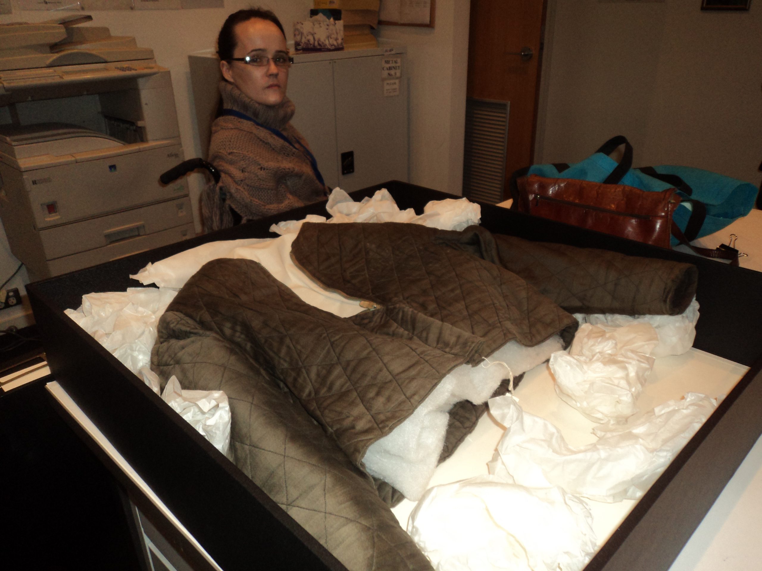 Ursula Flicker Archival Collection, Melbourne Holocaust Museum Rachel examined a winter coat belonging to a concentration camp inmate that contained secret pockets holding German-language documents. She translated the material as part of her work in the archives.