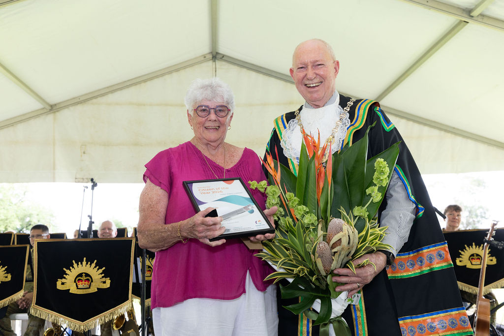 une Tomlinson receiving her Citizen of the Year award 2026 City of Darwin credit Charlie Bliss on behalf of the City of Darwin